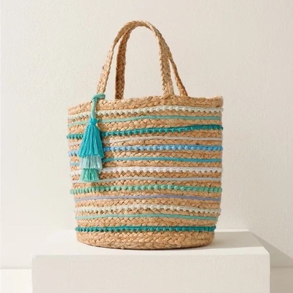 [Chico’s] Striped Jute Straw Woven Pom Pom Tassel Beach Bag Tote Green Tan Blue